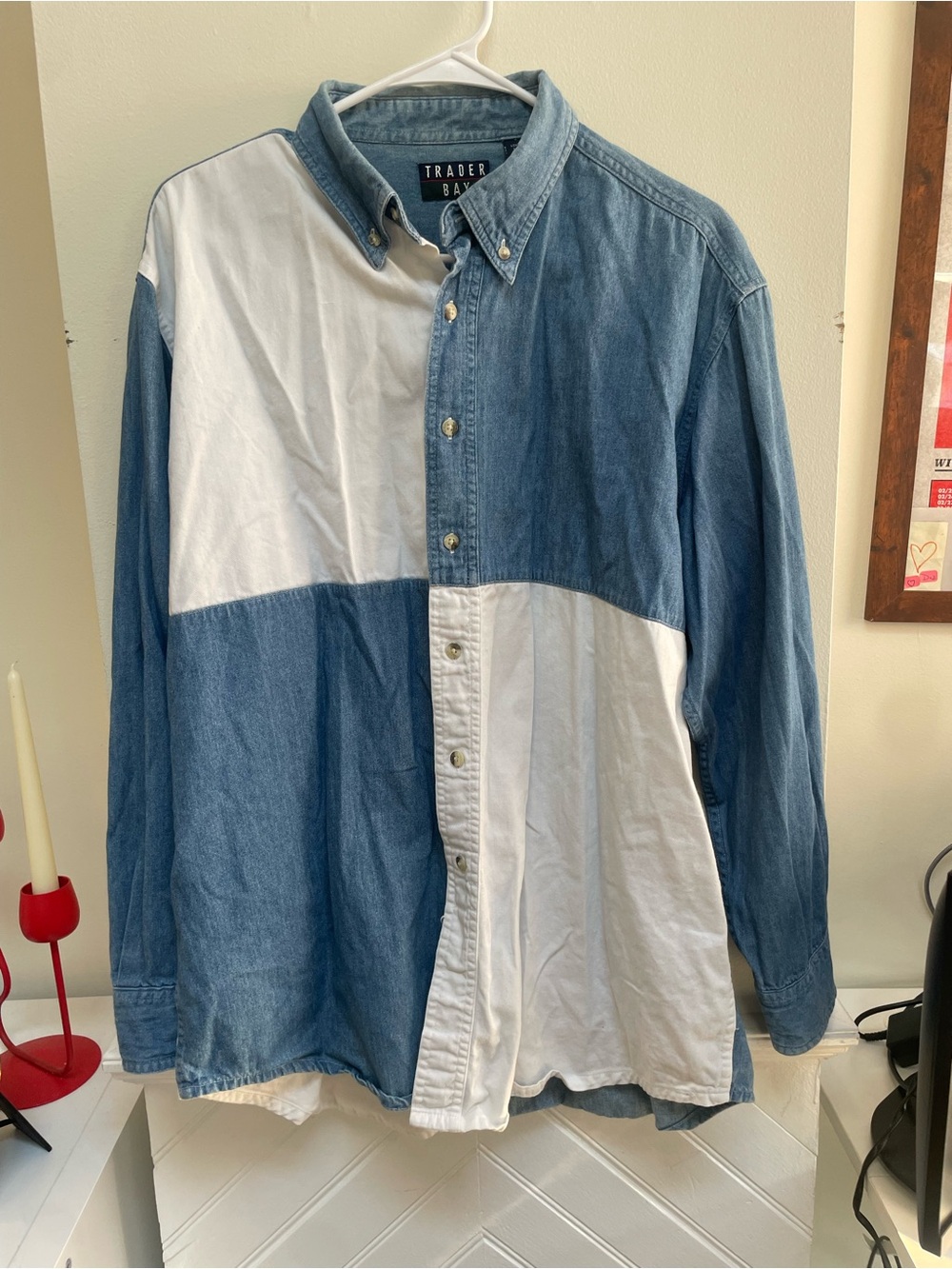 Vintage Trader Bay Color Block Denim & White Button-Down Shirt | Large